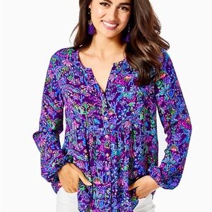 Lilly Pulitzer Womens Button Up Blouse In Colony Conga Print Purple Pink XS